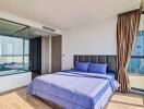 modern bedroom with glass partition and balcony view