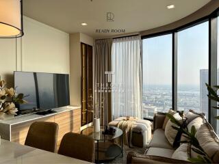 Modern living room with a city view