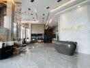 Elegant lobby area of a modern building with stylish furniture and decor