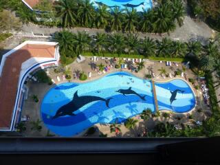 Aerial view of a landscaped outdoor pool with dolphin designs