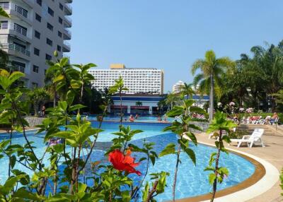 Swimming pool area with surrounding buildings