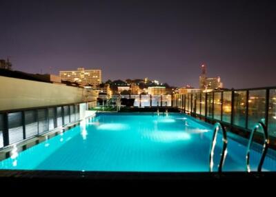 Rooftop pool at night with city view