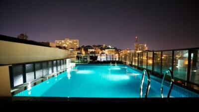 Rooftop pool at night with city view