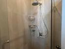 Shower area with glass door and tiled walls