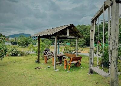 Outdoor garden area with seating and a swing