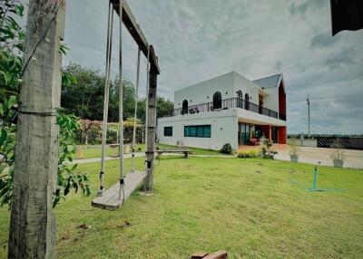 Modern house with a large lawn and swing