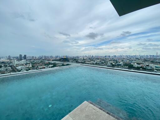 Rooftop infinity pool with city skyline view
