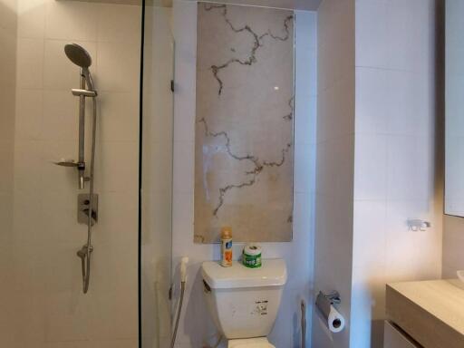 Modern bathroom with glass-enclosed shower and toilet