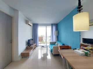 Bright living room with blue accent wall