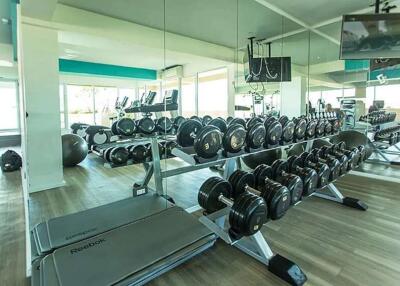 Well-equipped gym with weights and exercise machines