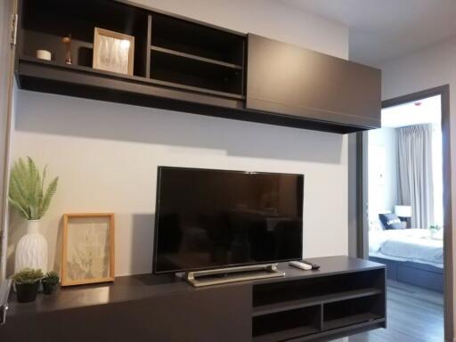 Modern living room with TV and shelves