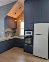 Modern kitchen with blue cabinets and appliances