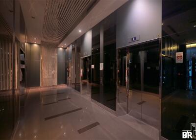 Modern lobby with multiple elevators