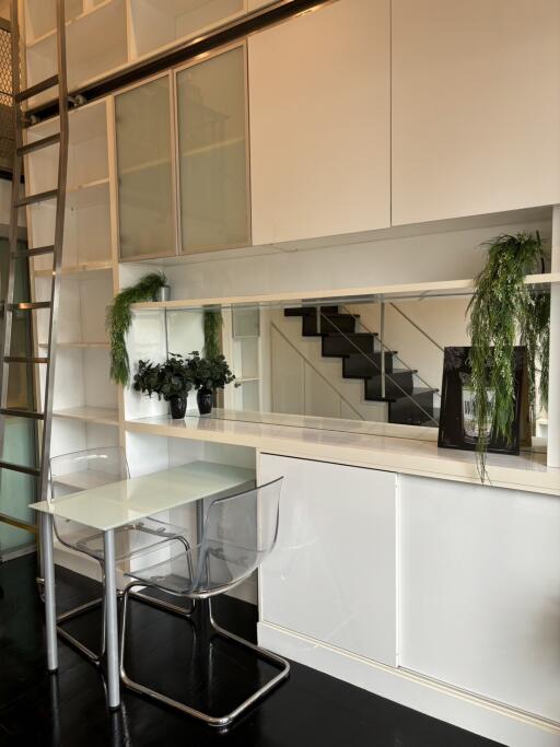 Modern kitchen with glass table, clear chairs, white cabinet, and indoor plants