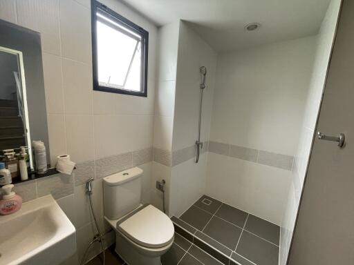 Modern bathroom with tiled shower area and toilet