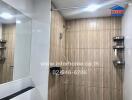 Modern bathroom with wooden tiles and shower area