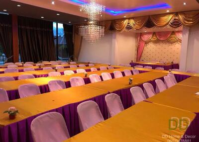 Spacious banquet hall with elegant decor