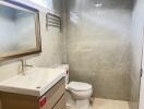 Modern bathroom with sleek gray tiles, mirror, and vanity