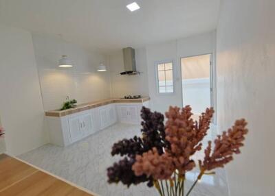 Modern kitchen with white cabinets and natural light