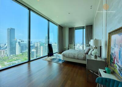 Modern bedroom with large windows and cityscape view