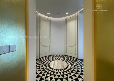 Interior view with geometric floor pattern