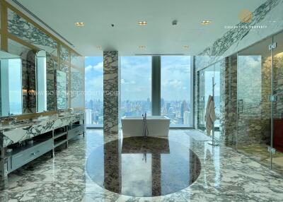 Luxurious bathroom with panoramic city views