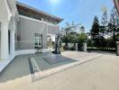 Spacious outdoor area with basketball hoop