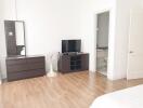 A bedroom with wooden flooring, dresser, mirror, fan, TV, and an attached bathroom