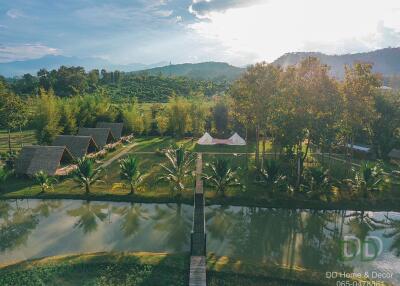 Scenic outdoor area with cabins and a pond