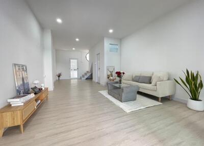 Spacious and modern living room with natural decor.