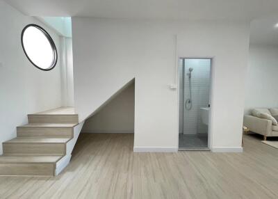 Bright modern main living area with staircase and access to bathroom