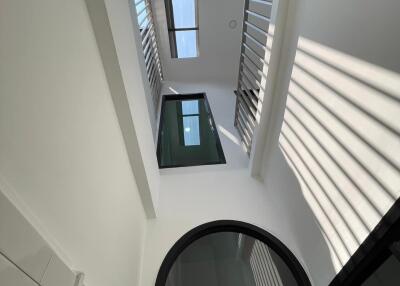 Modern building interior with circular window and skylights