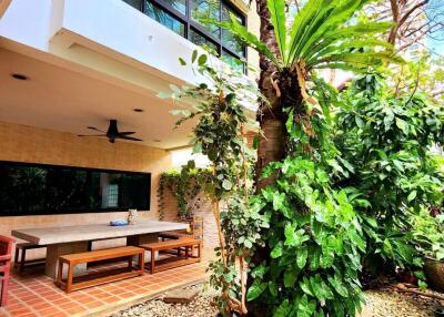 Outdoor dining area with greenery