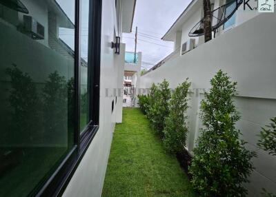 Narrow outdoor side yard with well-maintained grass, bordered by a modern building and bushes