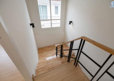 Staircase area with wooden steps and modern railing