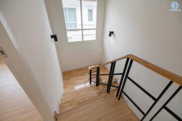 Staircase area with wooden steps and modern railing