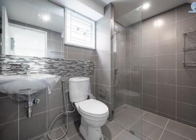 Modern bathroom with tiled walls and glass shower