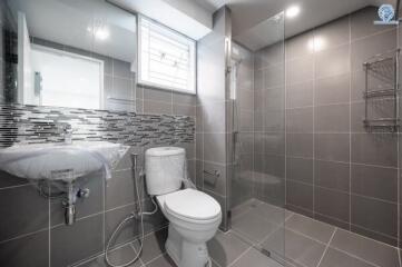 Modern bathroom with tiled walls and glass shower