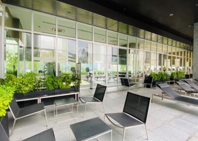 Outdoor seating area with modern glass wall backdrop