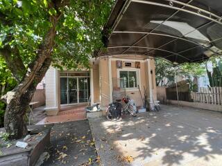 Covered driveway with bicycle and garden tools