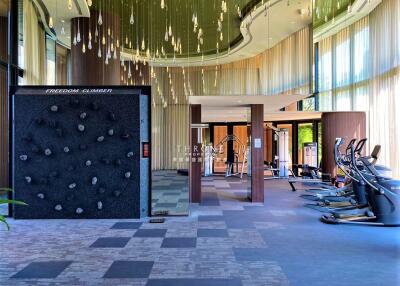 Modern gym with rock climbing wall and exercise equipment