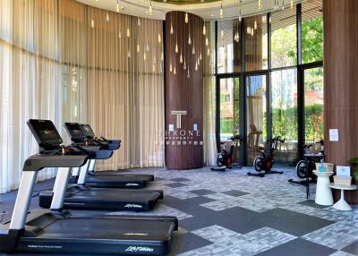 Modern gym with treadmills and stationary bikes