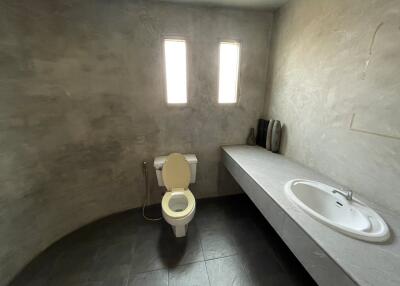 Modern minimalist bathroom with toilet, sink, and concrete finish