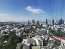 Panoramic cityscape with high-rise buildings and clear blue sky