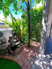 Lush green outdoor area with decorative fountain