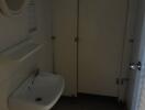 Dimly lit bathroom with sink and stall