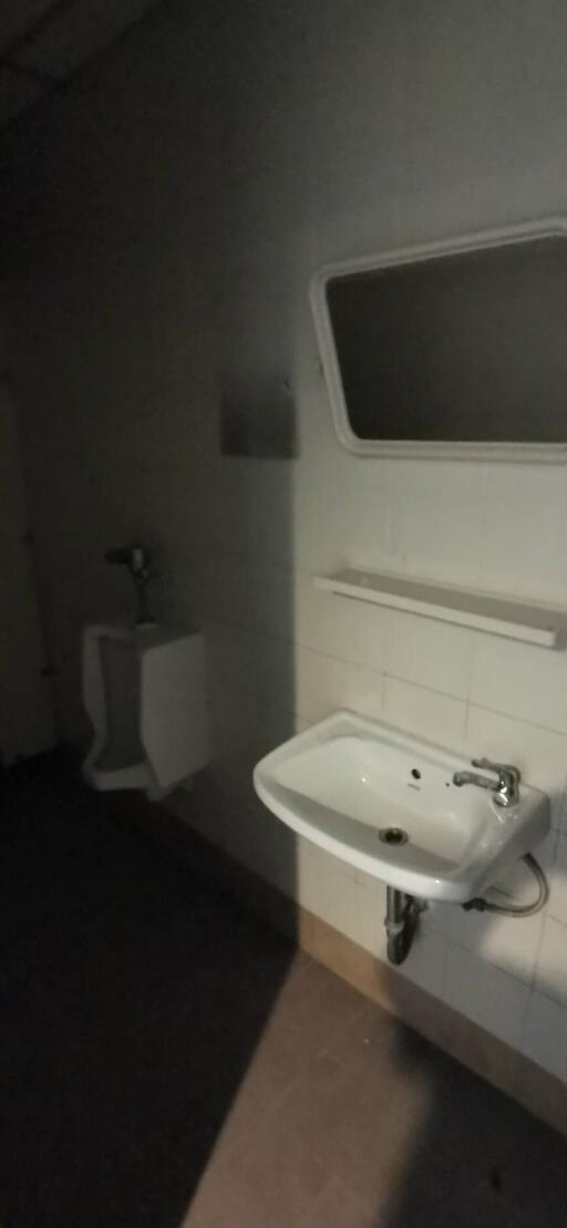 Bathroom with a sink, mirror, and urinal