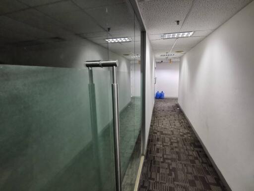 Office hallway with glass doors and carpeted floor