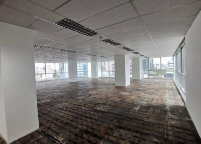 Spacious empty office with large windows and city view