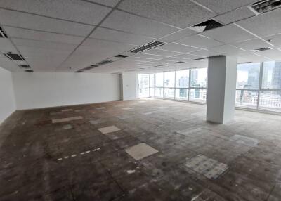 Empty office space with large windows and city view